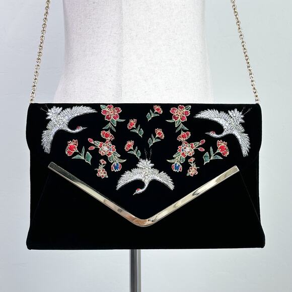 Neiman Marcus Vintage Embroidered Crane Black Velvet Chain Envelope Purse - Picture 10 of 10